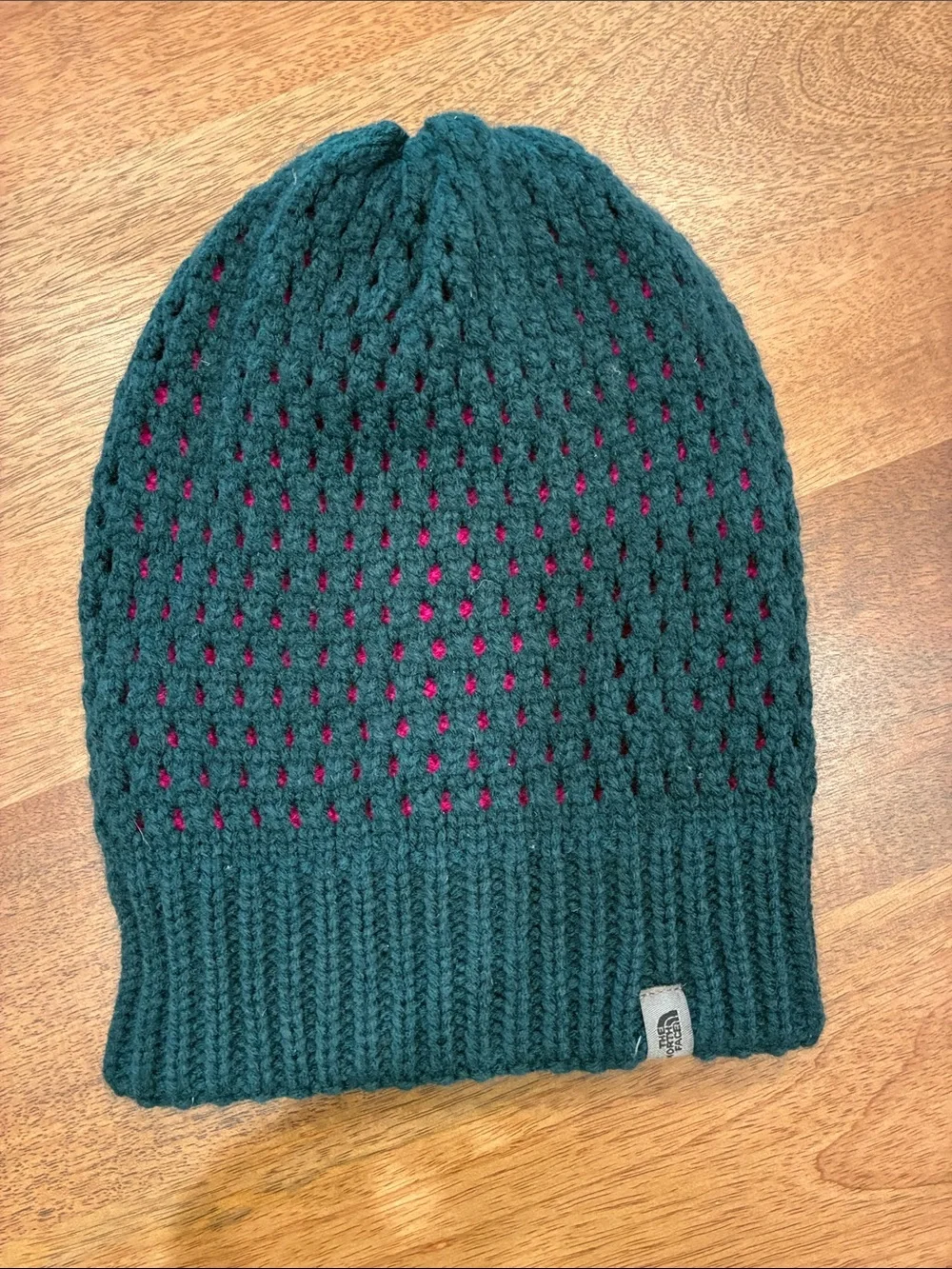 The North Face Teal Knit Beanie with Pink Accents